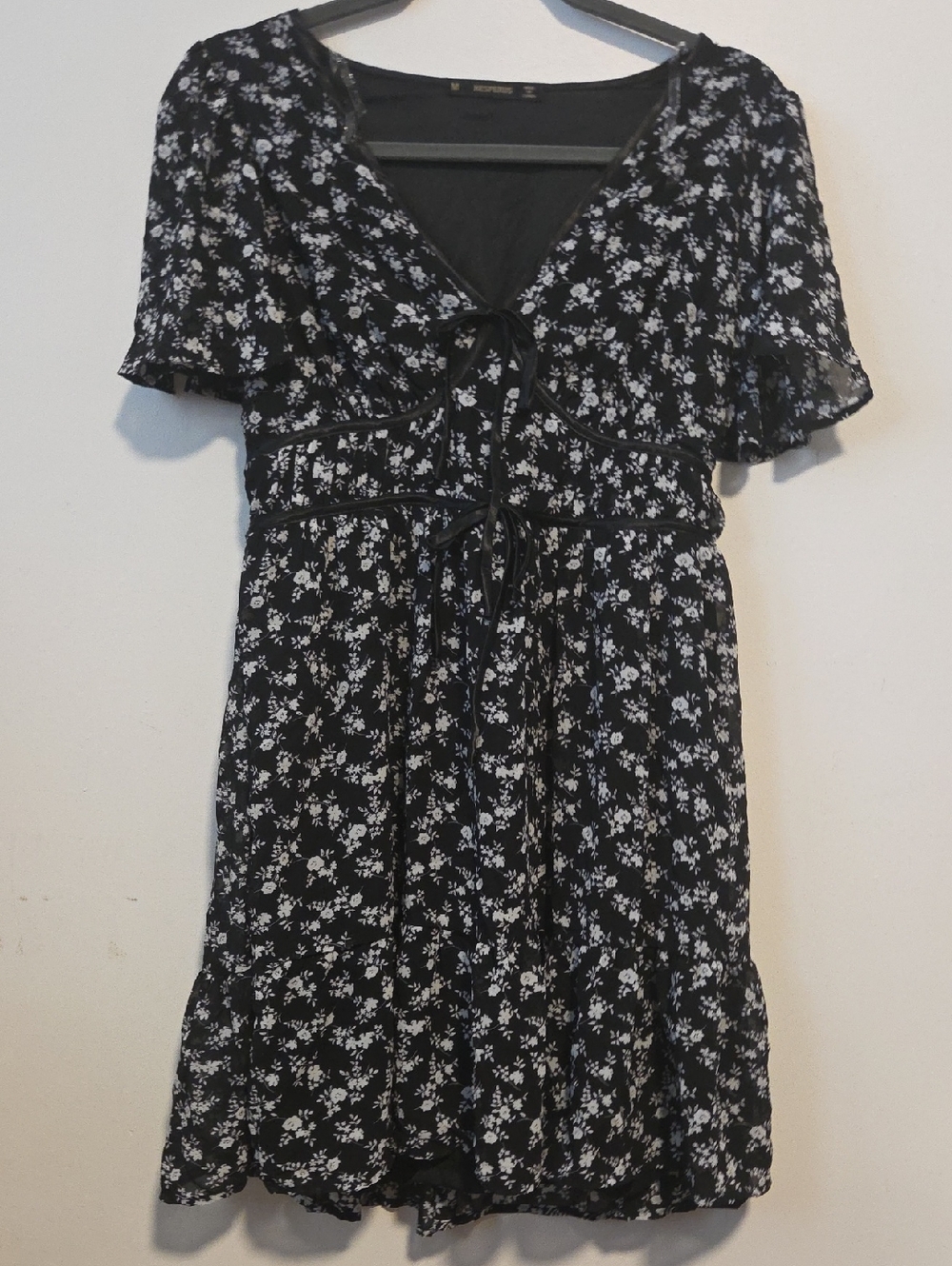 Black Floral Mini Dress with Tie-Front Detail